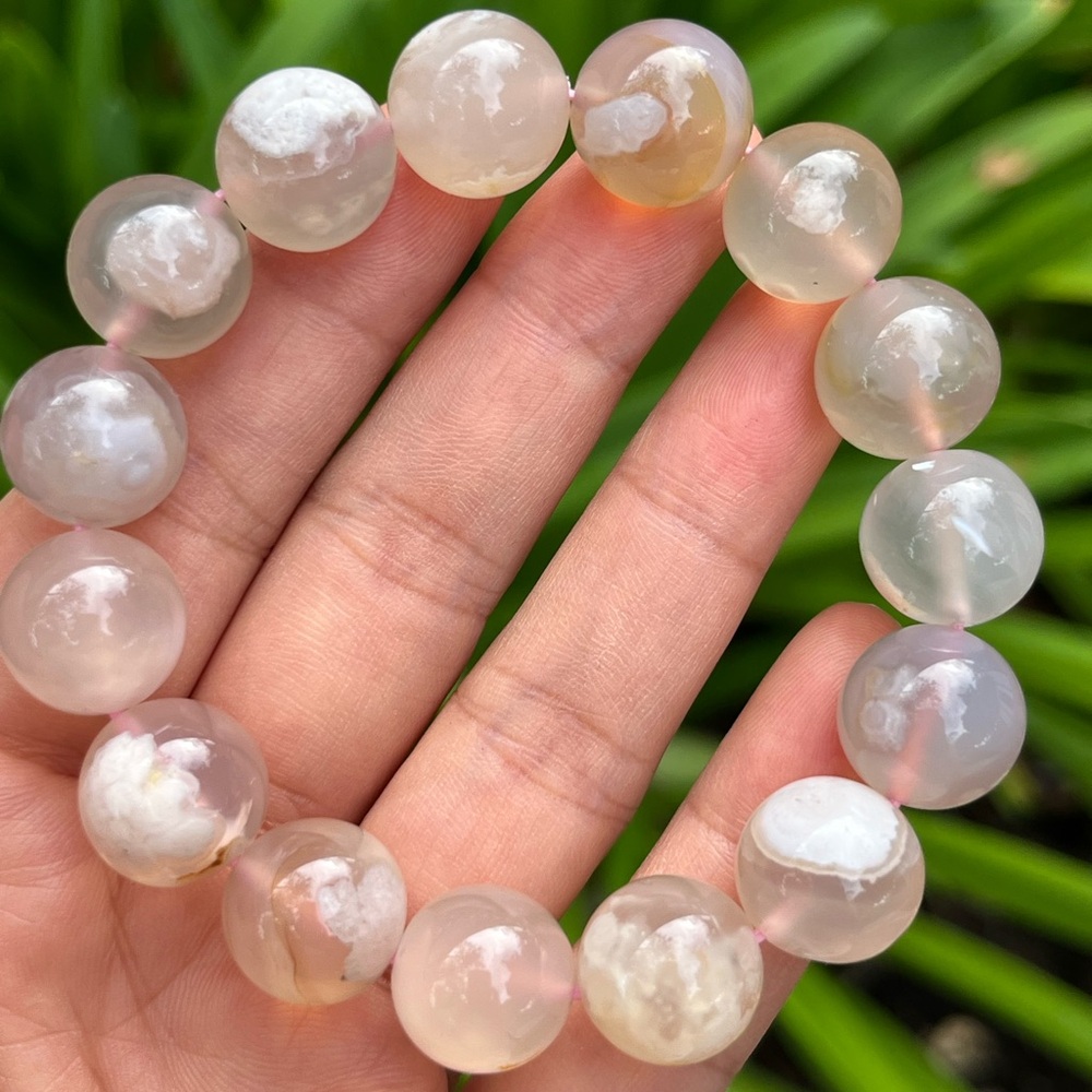 14mm chunky stretchable high quality flower agate bracelet‎ 0096